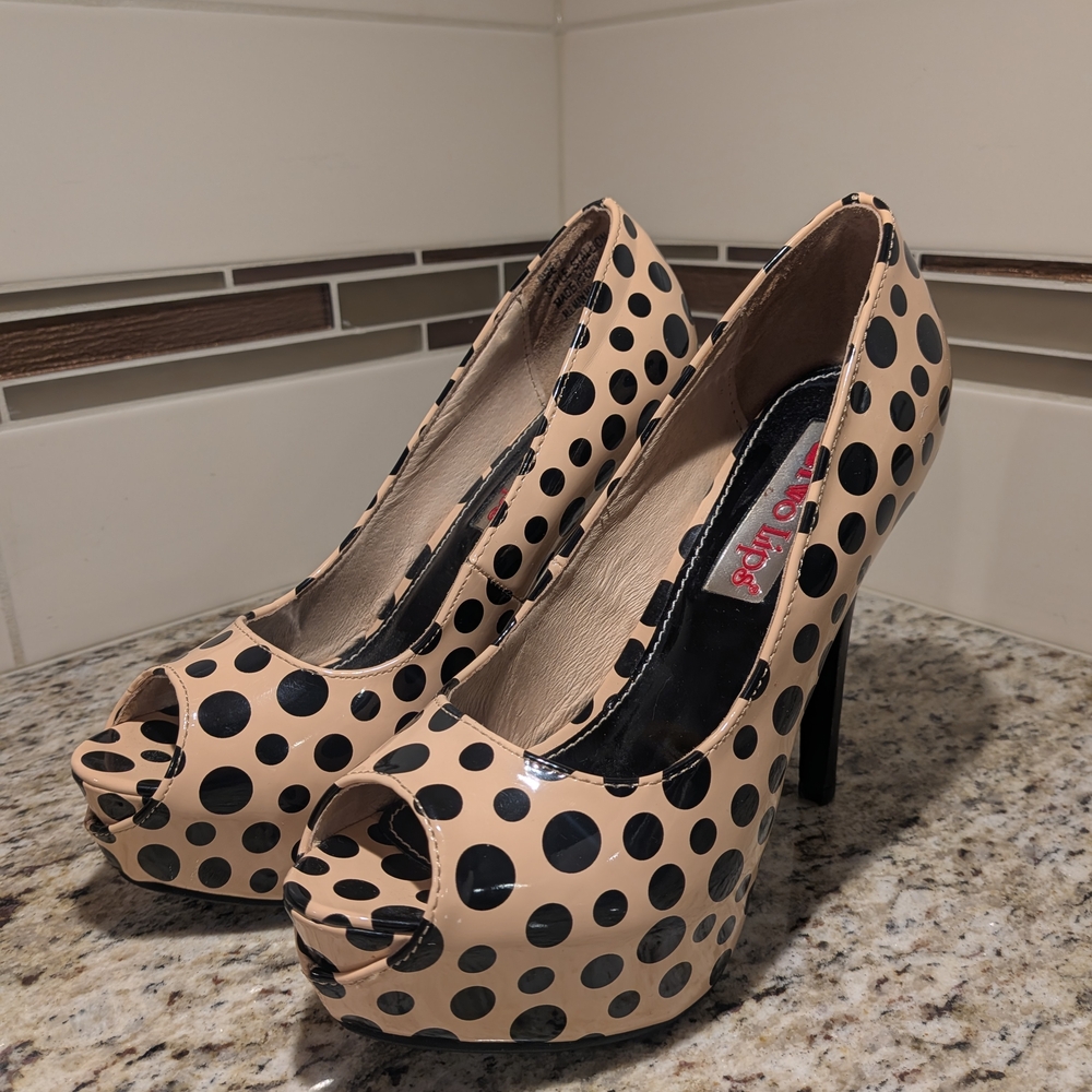 Chic Beige Polka Dot Peep Toe Heels